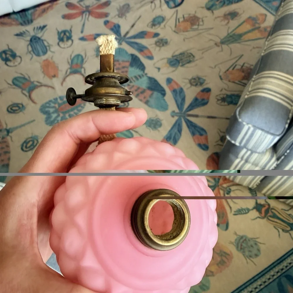 Antique Pink Diamond Miniature Kerosene Oil Lamp Clear Shade Brass Pat 1877 9.5